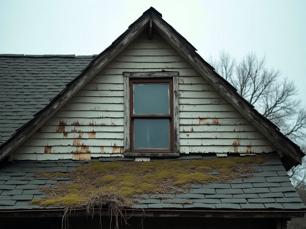 Aging, storm-damaged roof before RTJ Construction replacement